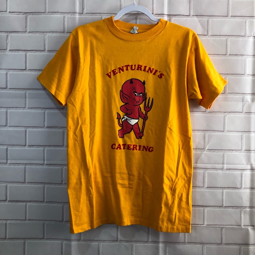 Vintage Venturini’s Catering yellow tshirt red devil kid devilish SINGLE STITCH